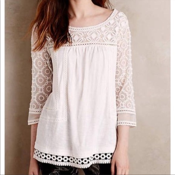 Anthropologie Tops - Anthropologie Meadow Rue Mantra Lace Embroidered Off White/Cream XS